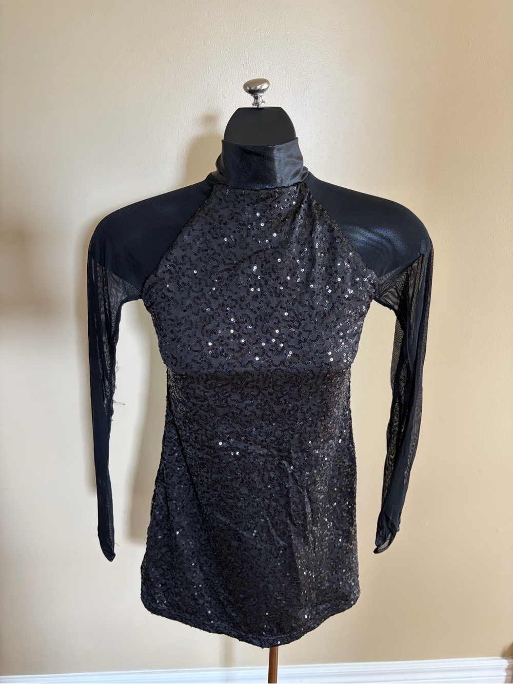 balera Black Sequin High-Neck Mini Dress with Mesh Long Sleeves